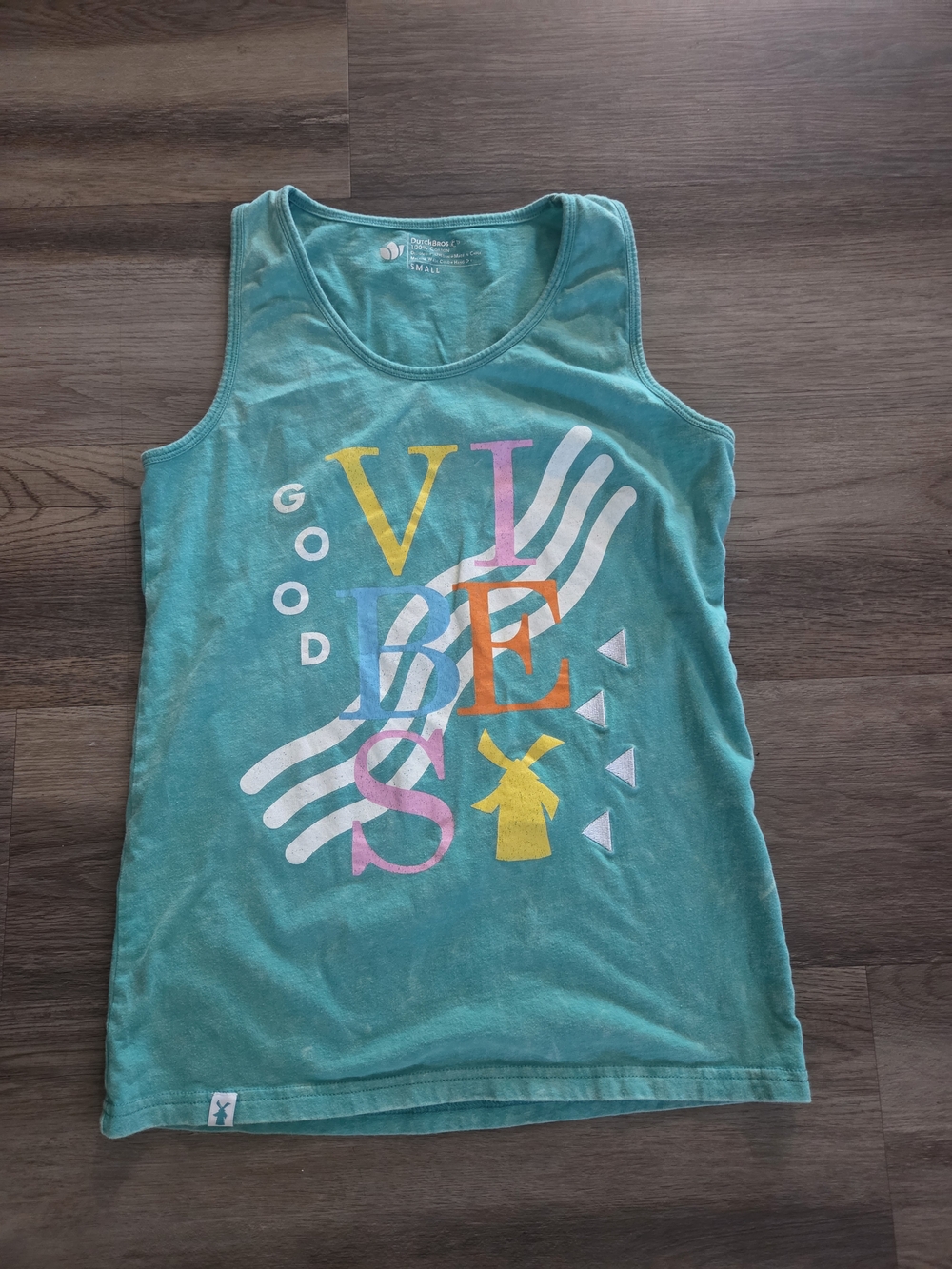 Dutch Bros Coffee Blue Teal Good Vibes Graphic Tank 100% Cotton Size Small